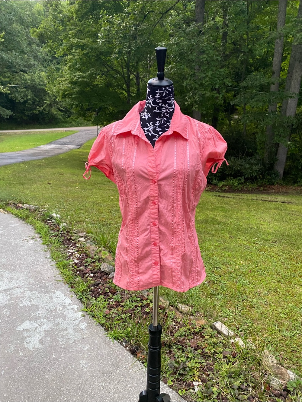 Studio 1940 Coral Pink Ribbon Trim Short-Sleeve Button Up Shirt Size Large - Picture 3 of 16